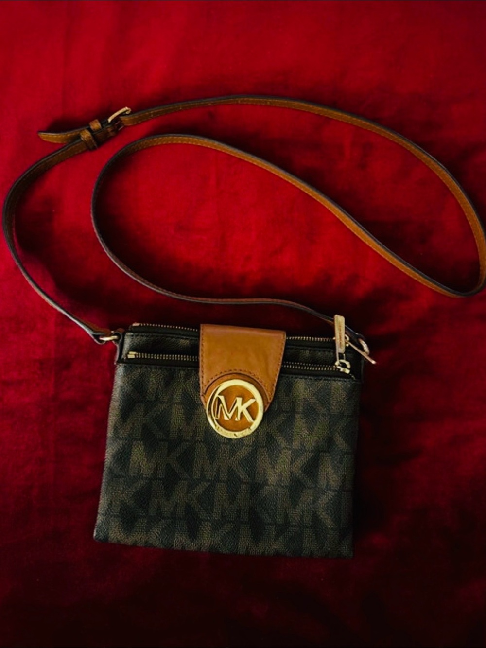 Michael Kors Brown Logo Crossbody with Tan Strap and Gold MK Emblem